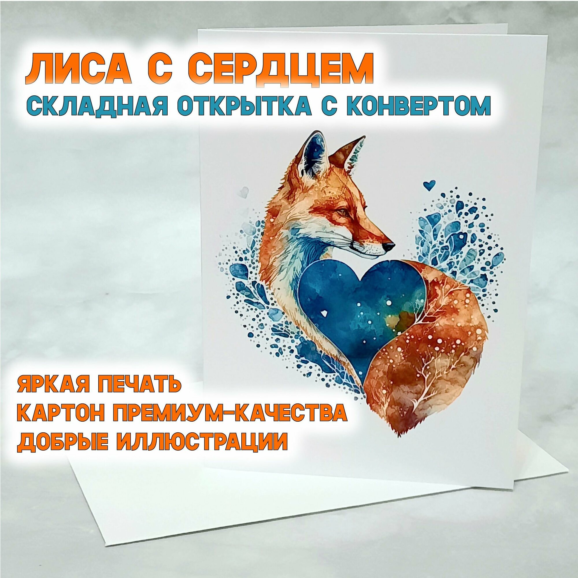 "Лиса с сердцем", открытка 10x15 складная подарочная без надписей, с конвертом, валентинка в подарок любимому человеку, для любителя животных
