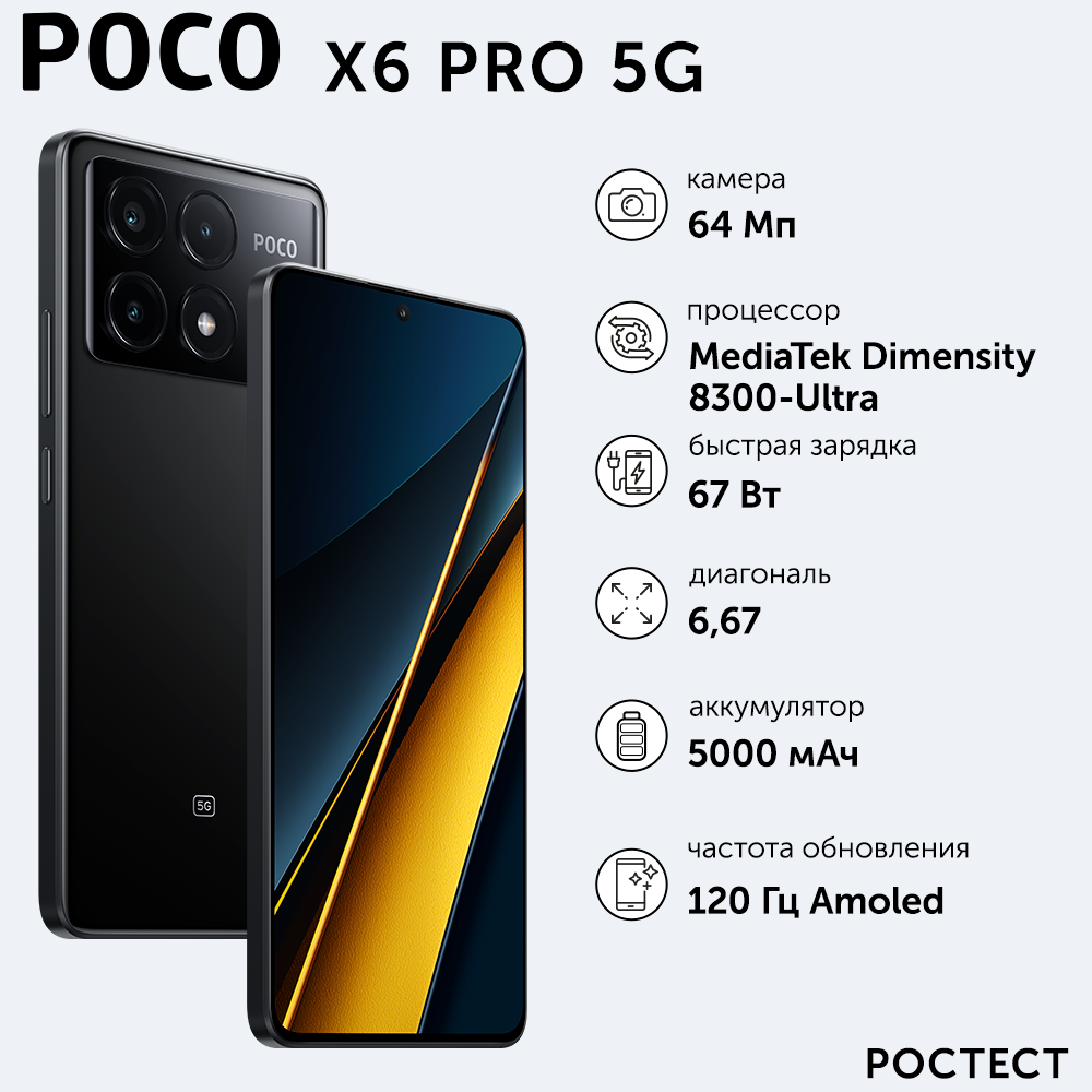 Смартфон POCO X6 Pro RU 5G 8+256 N11A/Black/6.67" AMOLED/2712x1220/120Hz/MTK8300Ultra/And13/64+8+2MP/16MP/5000mAh