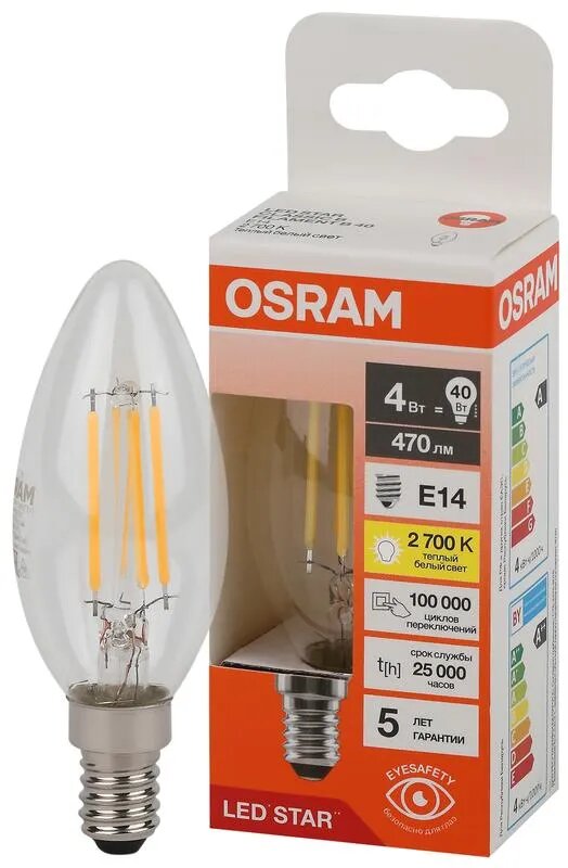 Лампочка светодиодная Osram филаментная стекло Свеча B E14 4Вт 220В 470Лм 2700К Теплый белый уп. 1шт