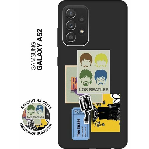 Матовый Soft Touch силиконовый чехол на Samsung Galaxy A52, Самсунг А52 с 3D принтом Beatles Stickers черный матовый soft touch силиконовый чехол на samsung galaxy a31 самсунг а31 с 3d принтом beatles stickers черный