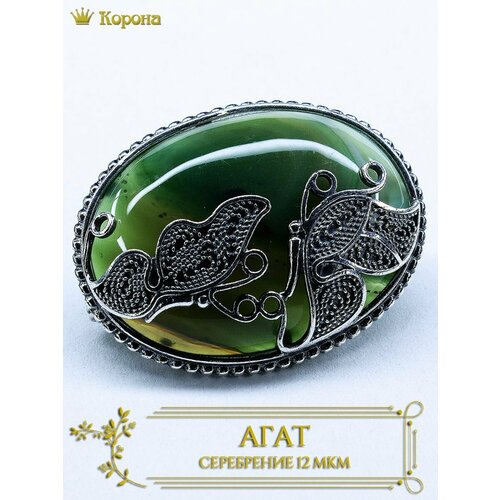 Брошь Брошь посеребренная овальная со вставкой из натурального агата, агат, зеленый