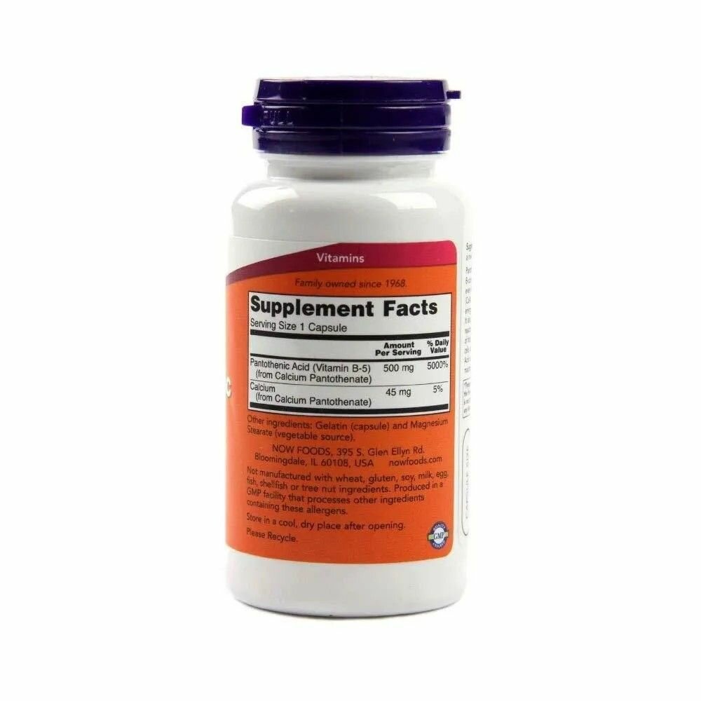 Витамин A Пантотеновая кислота (витамин В5) NOW Pantothenic Acid 500 mg, 100 капсул