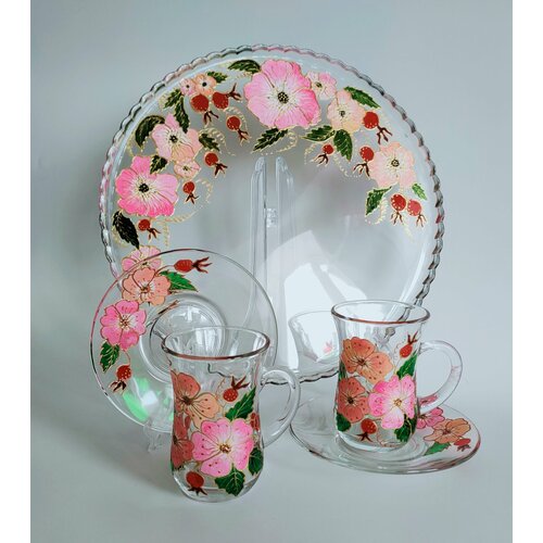 Сервиз авторский для чая и кофе с витражной росписью Шиповник Поднос Блюдо28см две чашкиармуду180мл 4350₽