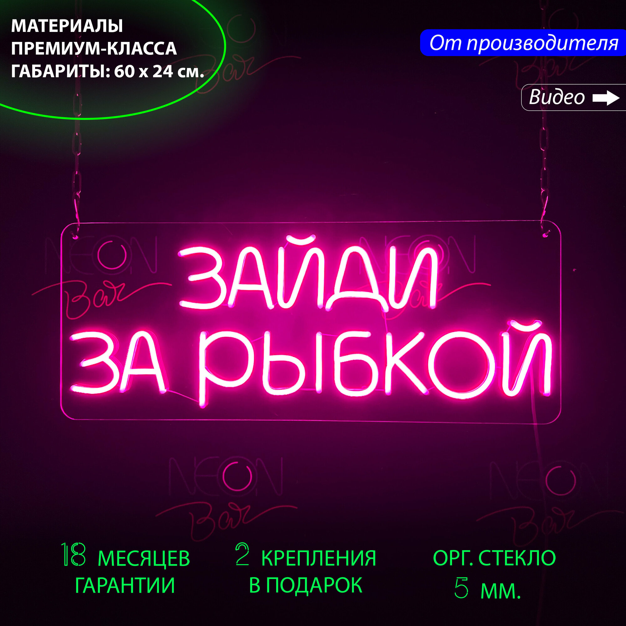 Неоновый светильник / Неоновая светодиодная вывеска на стену / Настенная неоновая лампа, надпись "Зайди за рыбкой", для бизнеса, 60 х 24 см.