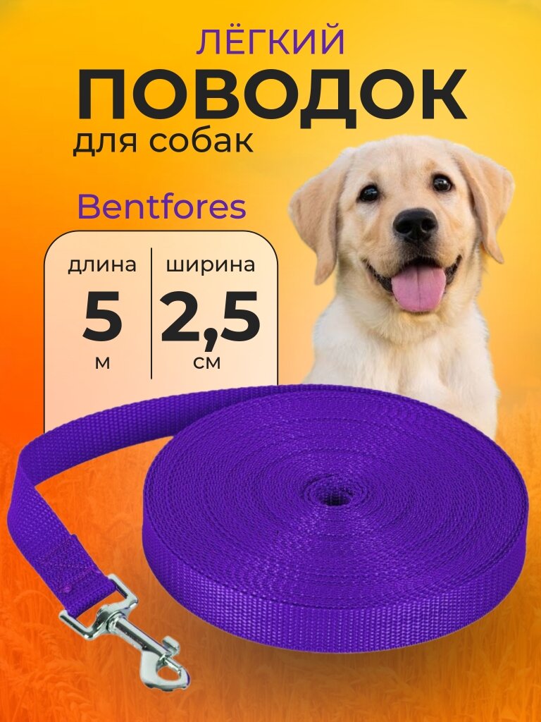 Поводок легкий для собак, Bentfores (5 м/25 мм, фиолетовый, 32896)