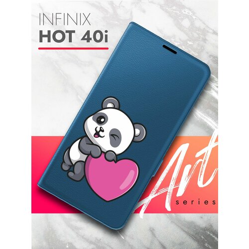 Чехол на Infinix HOT 40i (Инфиникс ХОТ 40и) синий книжка эко-кожа с функцией подставки и магнитами Book Case, Brozo (принт) Панда Сердце чехол на infinix hot 40i инфиникс хот 40ай черный книжка эко кожа с функцией подставки и магнитами book case brozo принт панда сердце