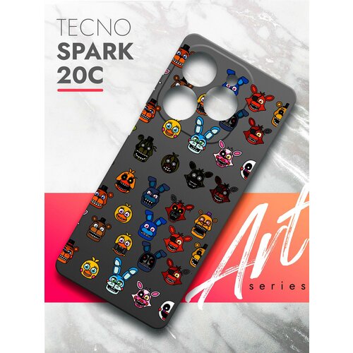 Чехол на Tecno Spark 20C (Техно Спарк 20С) черный матовый силиконовый с защитой (бортиком) вокруг камер, Brozo (принт) Аниматроник Паттерн чехол на tecno spark 20c техно спарк 20с черный матовый силиконовый с защитой бортиком вокруг камер brozo принт женские штучки