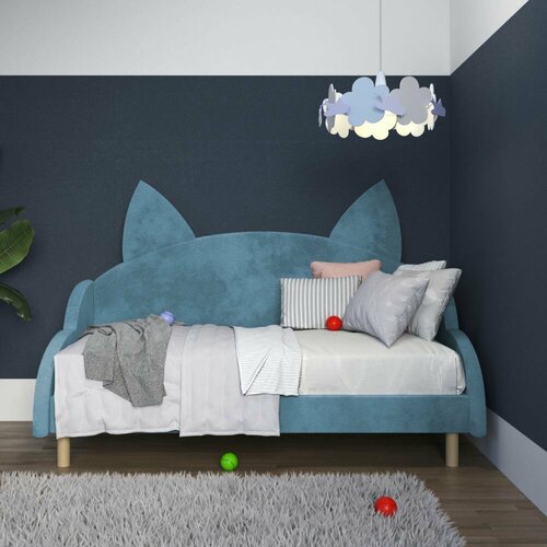 Детская мягкая кровать тахта 3 спинки 70x200 Бэкки цвет Синий