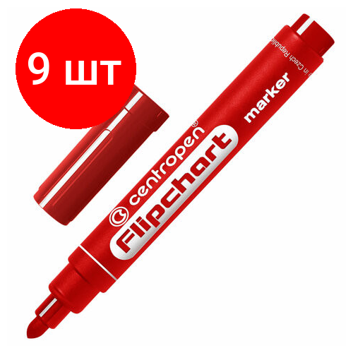 Комплект 9 шт, Маркер для флипчарта красный CENTROPEN, непропитывающий, круглый наконечник, 2.5 мм, 8550, 5 8550 0104
