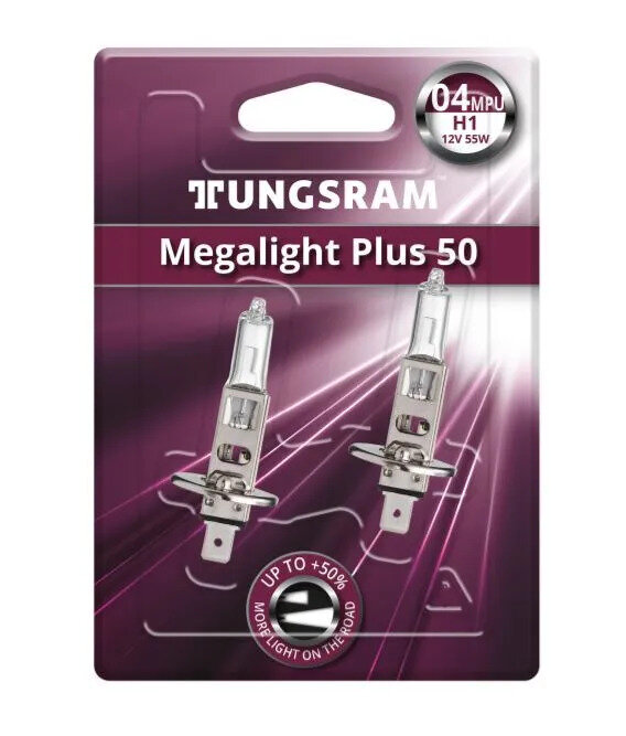 Лампа H1 12V 55W (P14,5s) (Tungsram) Megalight Plus +60% (2 шт) блистрер