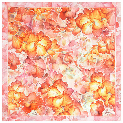 Платок Павловопосадская платочная мануфактура,65х65 см, оранжевый, розовый