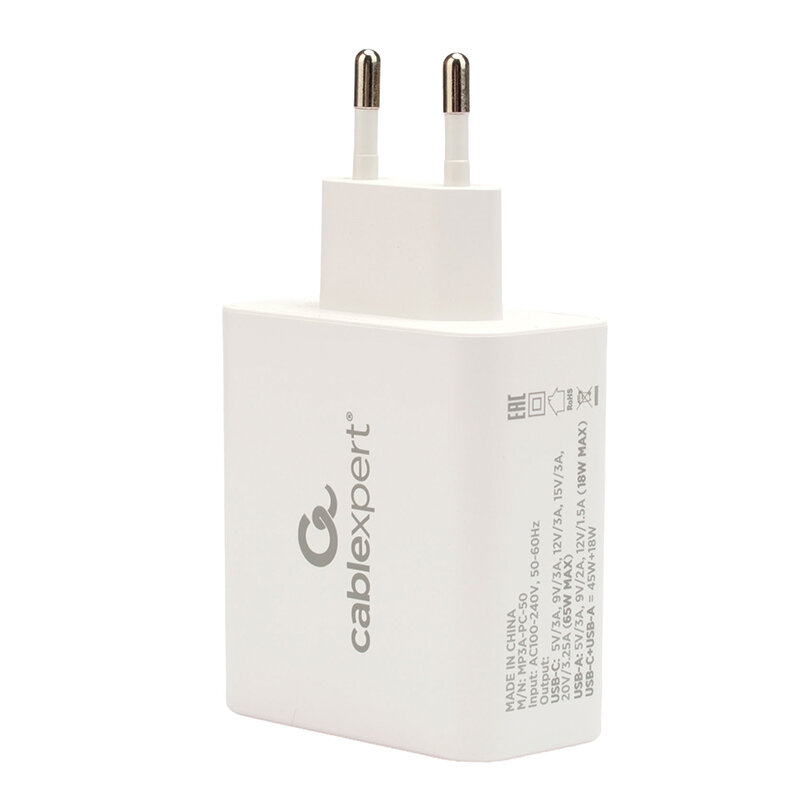 Зарядное устройство сетевое Cablexpert 65Вт GaN, QC4.0/PD3.0, 2 порта: USB и Type-C, белый, коробка - фото №2