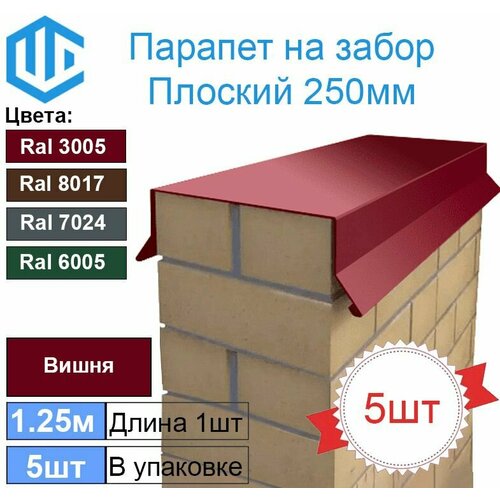 Парапет на забор металлический плоский 250мм Ral 3005 Вишня (в один кирпич) 5шт