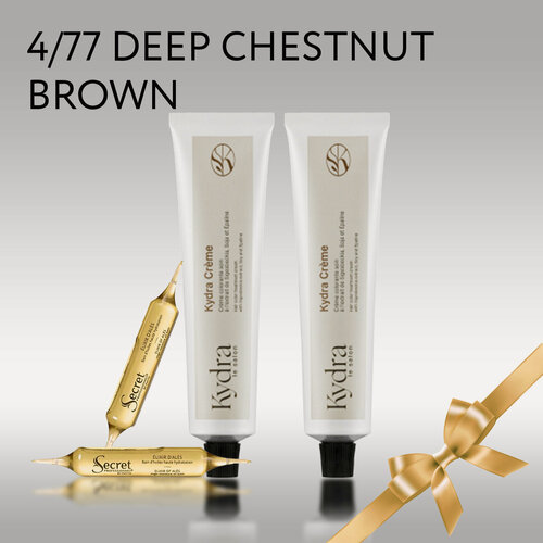 Изображение товара KYDRA Набор: Краска 4/77 DEEP CHESTNUT BROWN Kydracreme 2 шт, Ампулы в ассортименте 2 ампулы по 10мл, Подарок