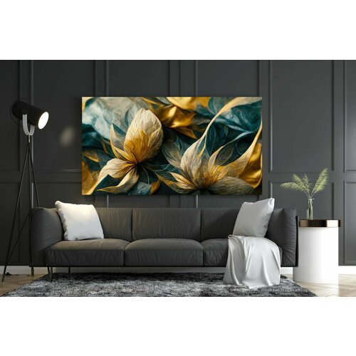 Интерьерная картина на натуральном холсте - Абстракция. Золотые и бирюзовые бутоны, 50 х 75 см.