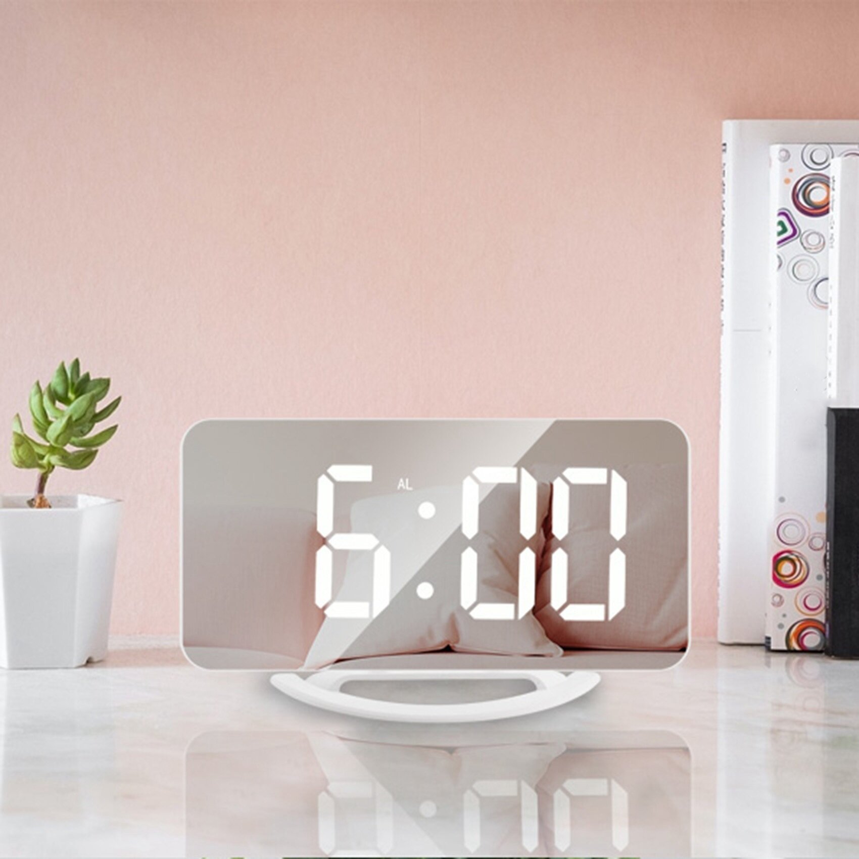 фото Большие зеркальные светодиодные часы, настольные часы с 2 портами USB для декора спальни A