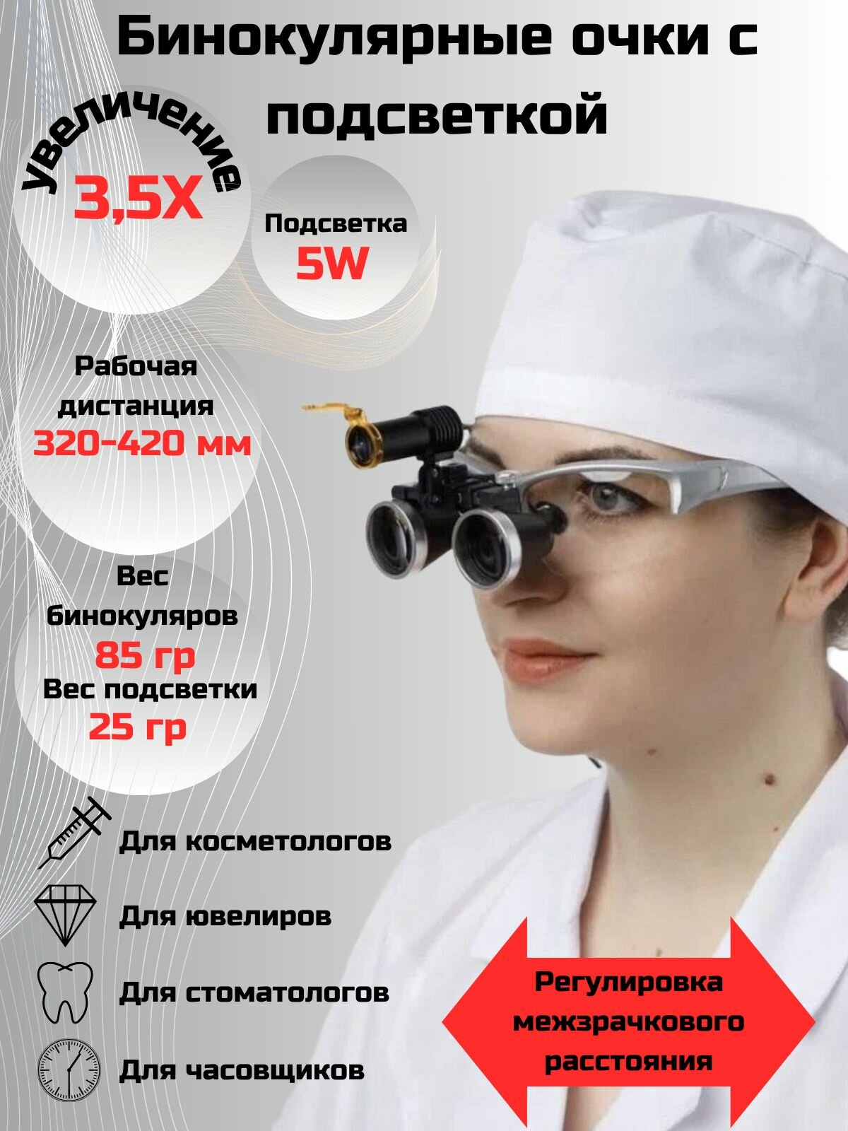 Профессиональные бинокуляры очки-лупы 3,5x-420 с подсветкой 5W Stomato для стоматологов.