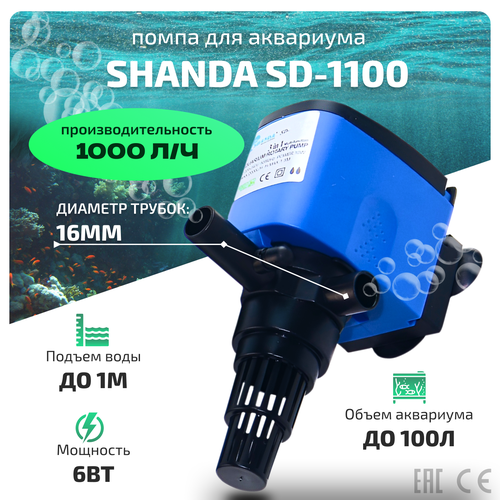 SHANDA SD-1100 Помпа для аквариума до 100л, подъем воды до 1м, 1000л/ч, 6вт помпа течения для аквариума aquasyncro hwm 4000 1000 л ч 60 100л 6w