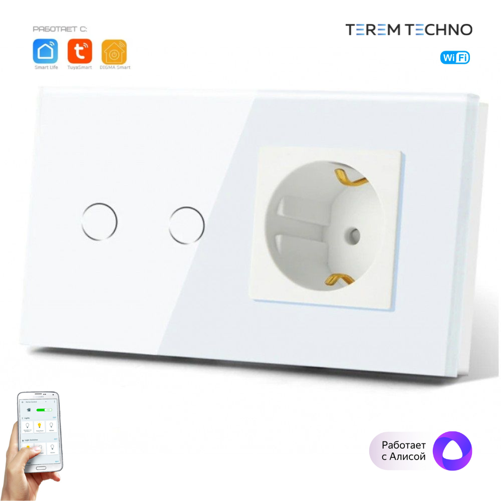фото Розетка и умный выключатель двойной WiFi Tuya для Алисы стеклянная белая с таймером с голосовым управлением умным домом