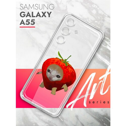 Чехол на Samsung Galaxy A55 (Самсунг Галакси А55), прозрачный силиконовый с защитой (бортиком) вокруг камер, Brozo (принт) Котик в Клубнике чехол на samsung galaxy a55 самсунг галакси а55 прозрачный силиконовый с защитой бортиком вокруг камер brozo принт котик спит