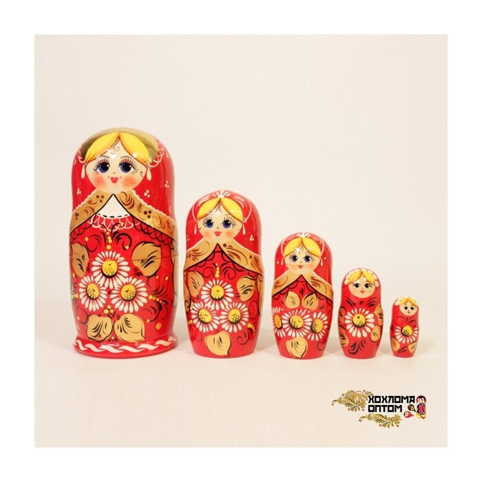Матрешка "Ромашка красная" 5 кукольная Хохлома LHM10128 — фото 1