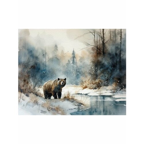 Картина на стену, на холсте с подрамником, 40x50, медведь в зимнем лесу
