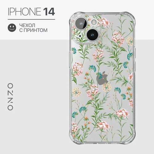 Чехол на iPhone 14 / Айфон 14 с усиленными углами, прозрачный с принтом "Wildflowers" зеленый, красный