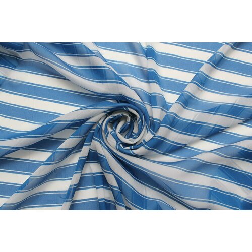 Ткань Жоржет-шёлк стрейч D&G синие и молочные поперечные полоски, ш136см, 0,5 м