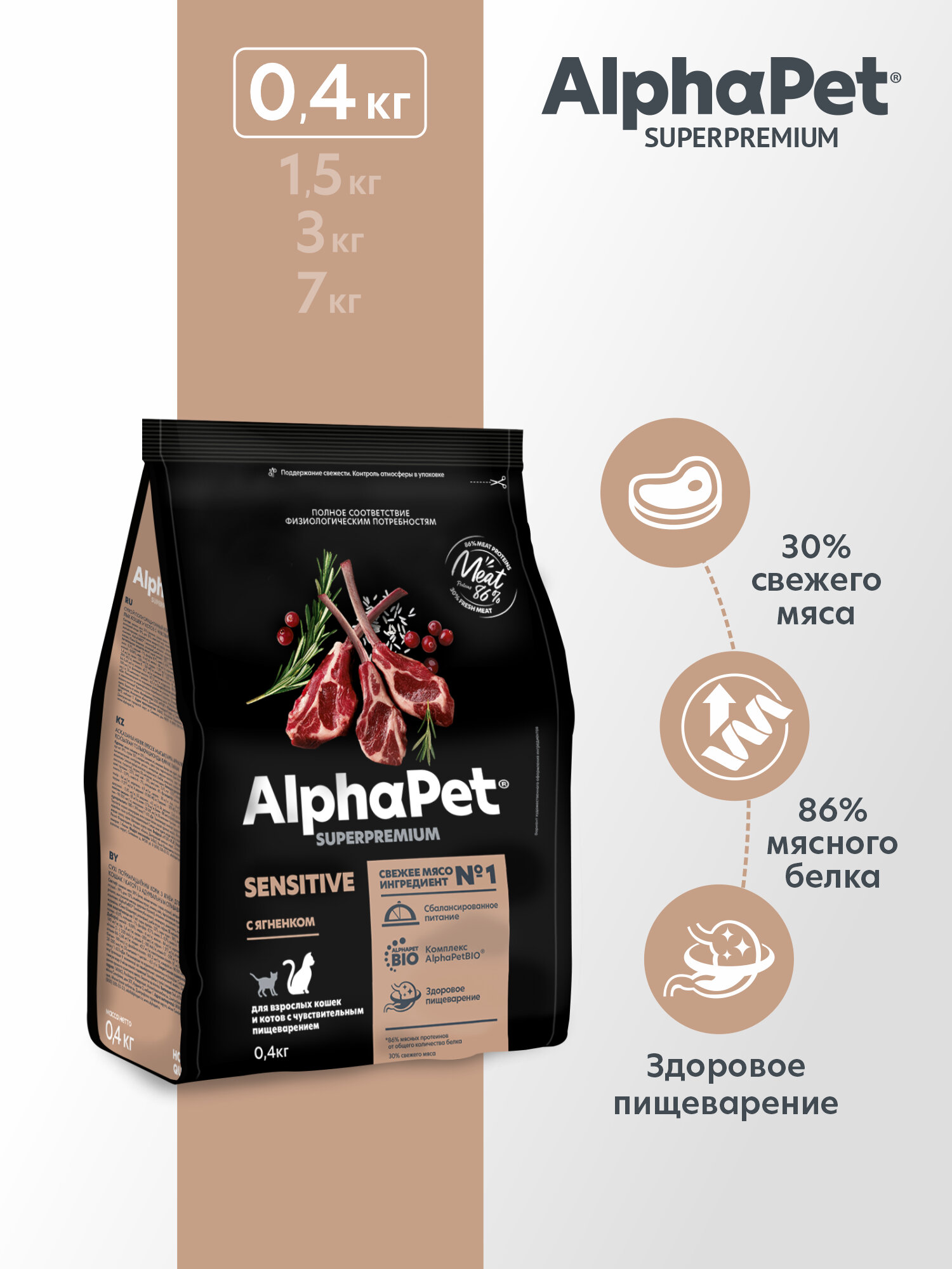 ALPHAPET SUPERPREMIUM 400 гр сухой корм для взрослых кошек и котов с чувс. пищ. с ягн