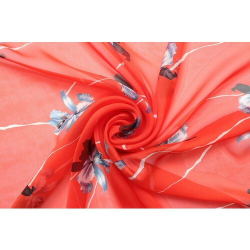 Ткань Шёлк-шифон Marc Quinn сочно-оранжевого цвета с чёрно-синими ирисами, ш132см, 0,5 м