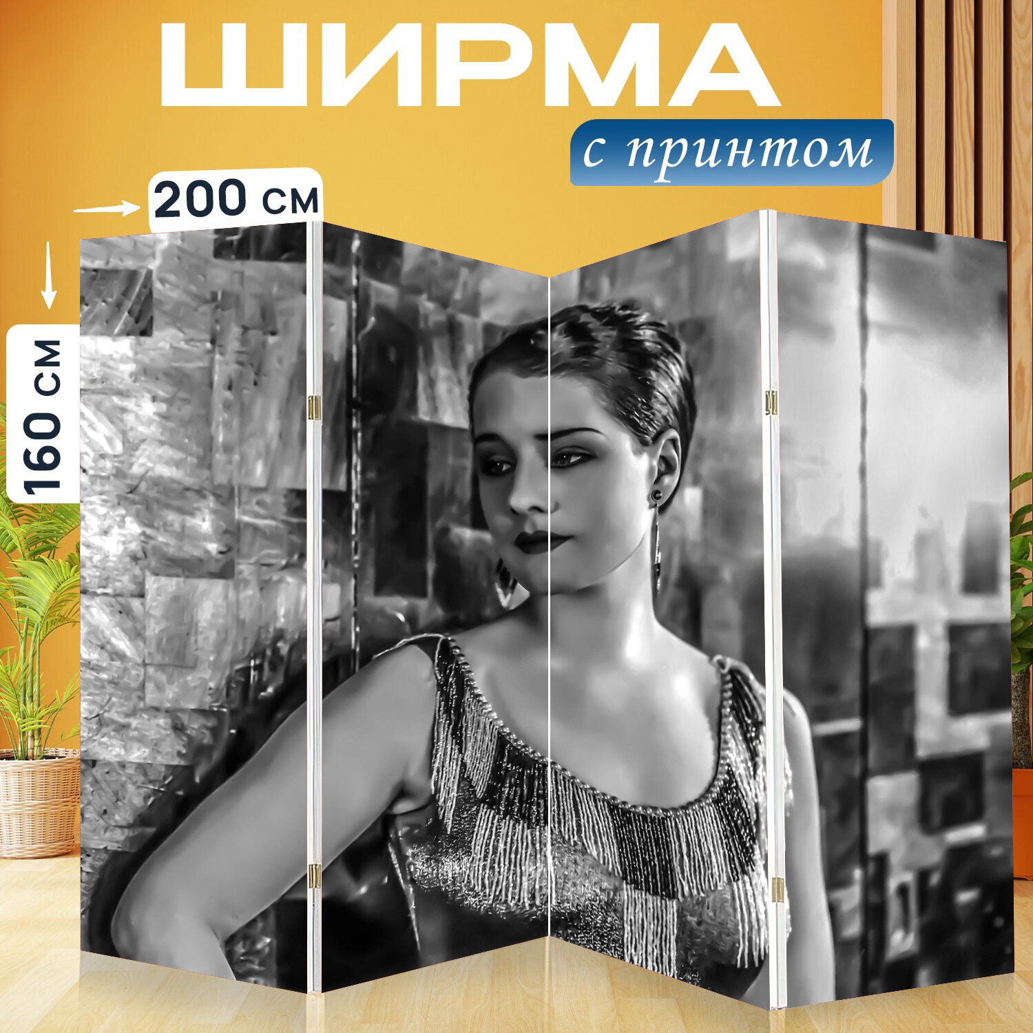 Ширма перегородка с принтом "Норма очистной комбайн, женский пол, портрет" на холсте - 200x160 см. для зонирования, раскладная