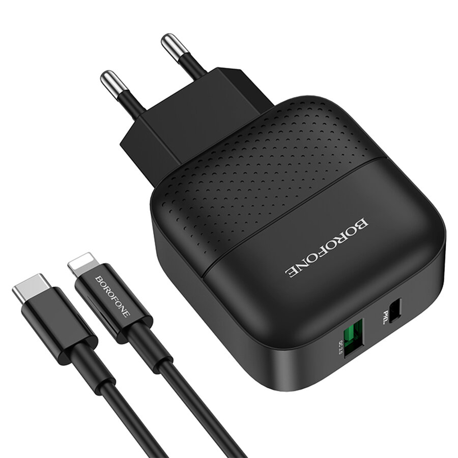 Сетевое зарядное устройство BOROFONE BA46A Premium 1xUSB + 1xUSB-C с Кабелем Type-C - Lightning, 3A, 18W, черный