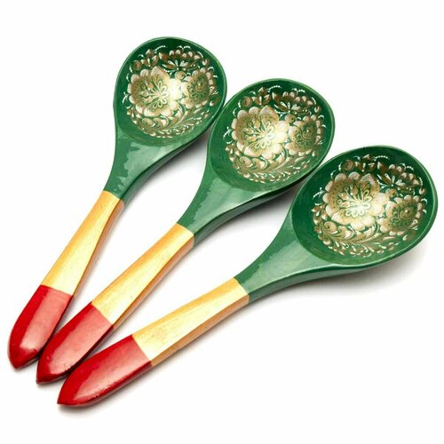 Деревянная ложка салатная с росписью - Золотая Кудрина 21 см Набор 3 штуки 799₽