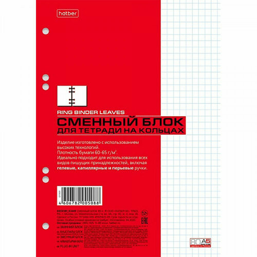 Сменный блок для тетрадей А5 80 листов (Hatber) белый клетка арт 80СБ5B1_02449. Количество в наборе 6 шт.