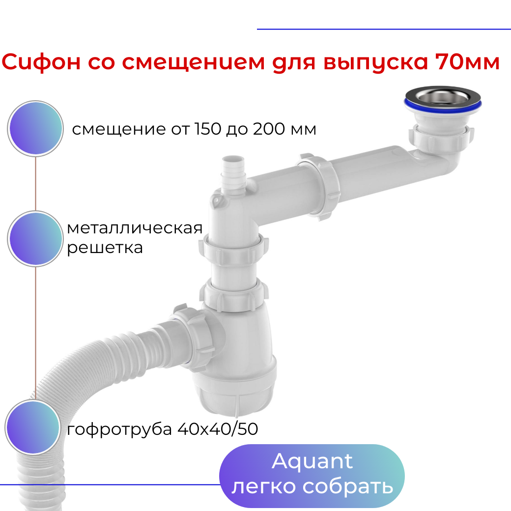 фото Сифон для кухни со смещением для мойки - 1.1/2", нержавеющей решёткой и гофротрубой 40 мм, "Aquant". B0245