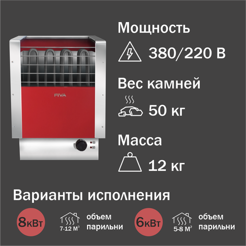 электрокаменка умт гамма экм 3 6 квт 220 в встроенный пульт красная Электрокаменка УМТ Fiva ЭКМ 6 кВт (380/220 В, встроенный пульт, красная)