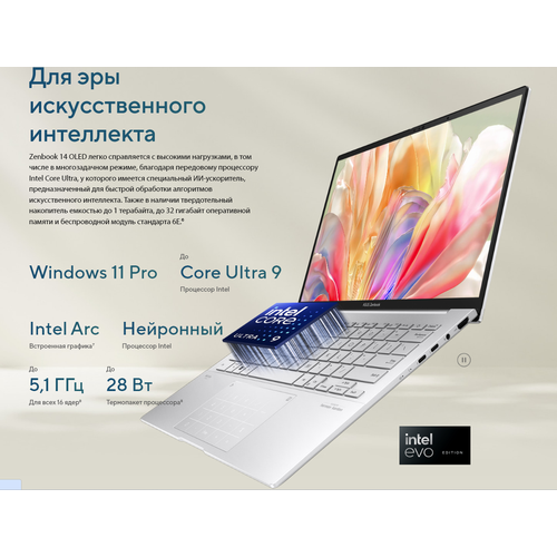 Ноутбук ASUS Zenbook 14 OLED UX3405MA 14 2880*1800 OLED, Intel Core Ultra 7 155H 16 ядер, RAM 32Gb, SSD 1Tb, Windows 11 Home, Ponder Blue Задумчивый синий