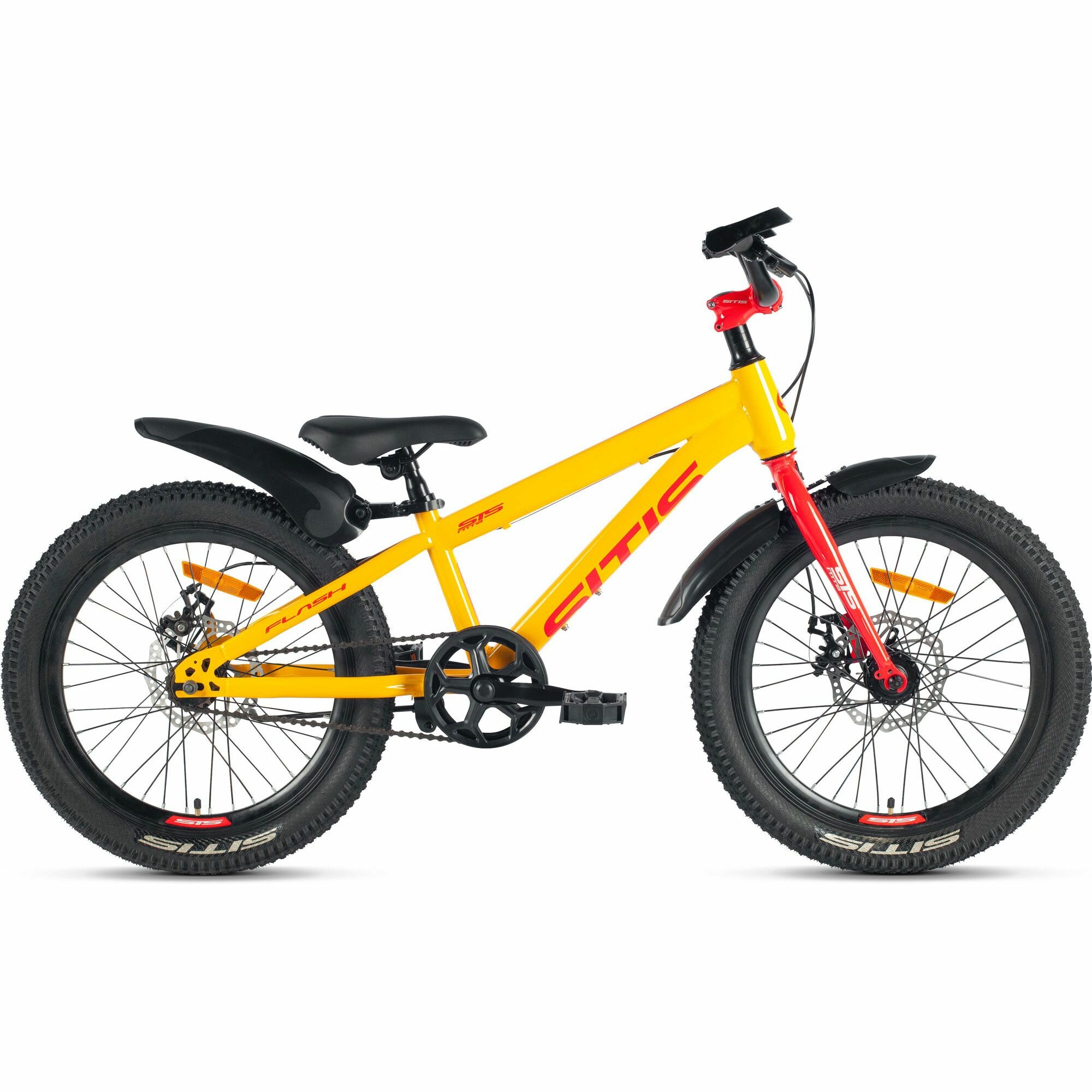 Велосипед SITIS FLASH 20" single speed (2024) Yellow-Red, детский для мальчиков, сталь, 1 скоростей, дисковые механические, колеса 20, рост 120-135 см