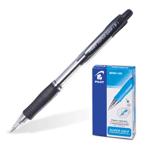 Ручка шариковая масляная автоматическая с грипом PILOT Super Grip, синяя, узел 0,7 мм, линия письма 0,32 мм, BPGP-10R, BPGP-10R-F, М, 12 штук в упаковке