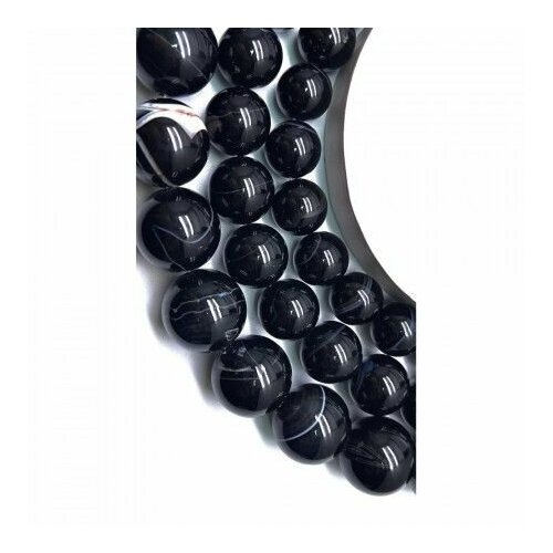 Каменные бусины, Агат, чёрный, тонированный, с полосками, шарик гладкий, 20 мм, длина нити 38 см