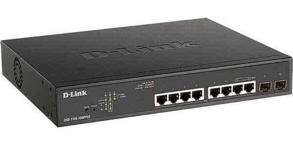 D-Link DGS-1100-10MPPV2/A3A Настраиваемый L2 коммутатор с 8 портами 10/100/1000Base-T и 2 портами 1000Base-X SFP (порты 1-8 PoE 802.3af/at,