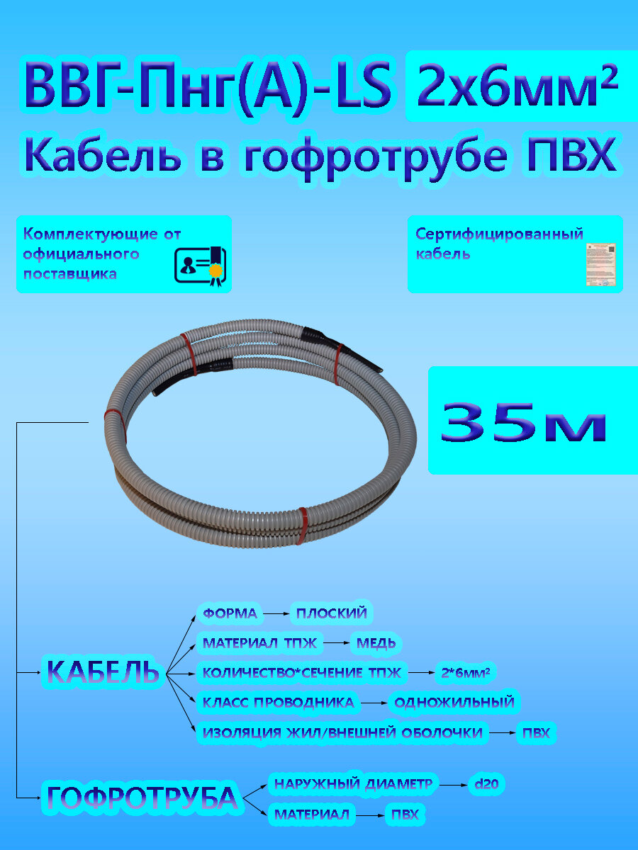 Кабель ВВГ-Пнг(А)-LS 2х6 ОК 0,66 кВ ГОСТ в серой гофротрубе ПВХ d20 (35 м) универсальный L-фаза