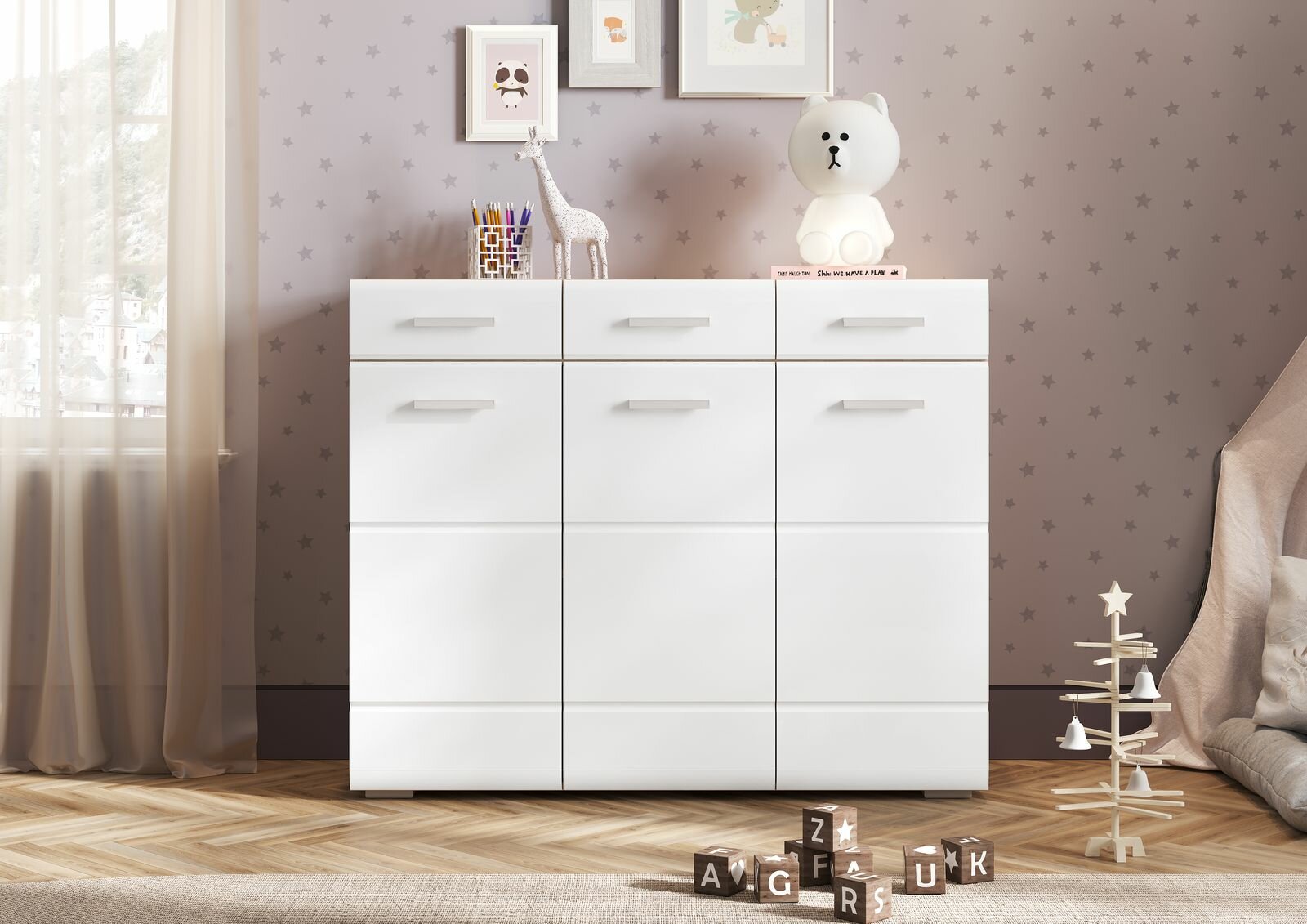 Комод с тремя выдвижными ящиками, полками/глянцевый, роликовые направляющие