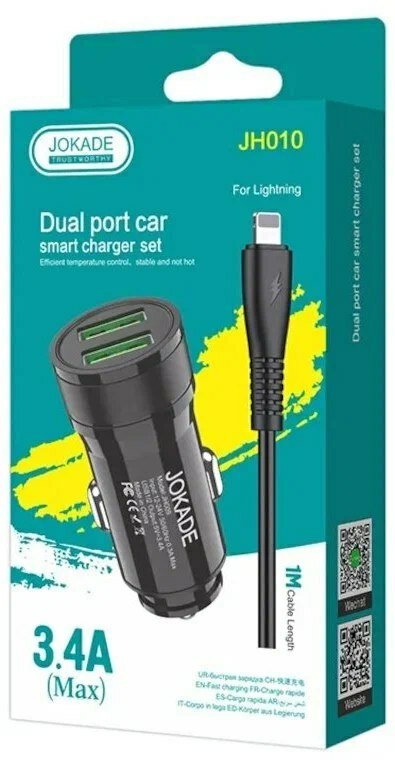 Автомобильное зарядное устройство на Lightning Jokade JH010 (black), с двумя портами, 3.4 А, с кабелем 1м. — фото 1