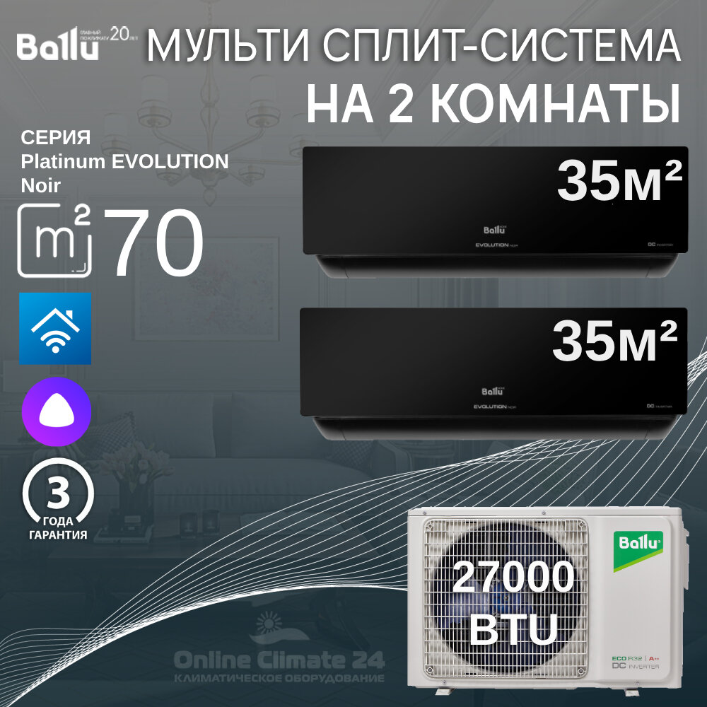Инверторная мульти сплит-система BALLU на 2 комнаты (35 м2 + 35 м2) BA2OI-FM/out-27HN8/EU+2*BSUI-FM/in-12HN8/EU_BL, черный