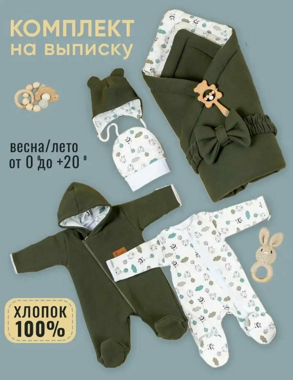 КОНВЕРТ ДЛЯ НОВОРОЖДЕННОГО на выписку КОМПЛЕКТ на ПРОГУЛКУ зеленый звезды