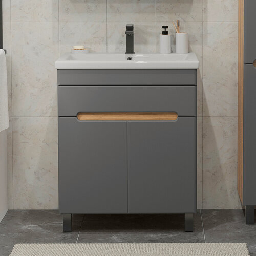 Изображение товара Тумба напольная SanStar Модена 70 с раковиной Como 70 (комплект) для ванной комнаты, графит софт