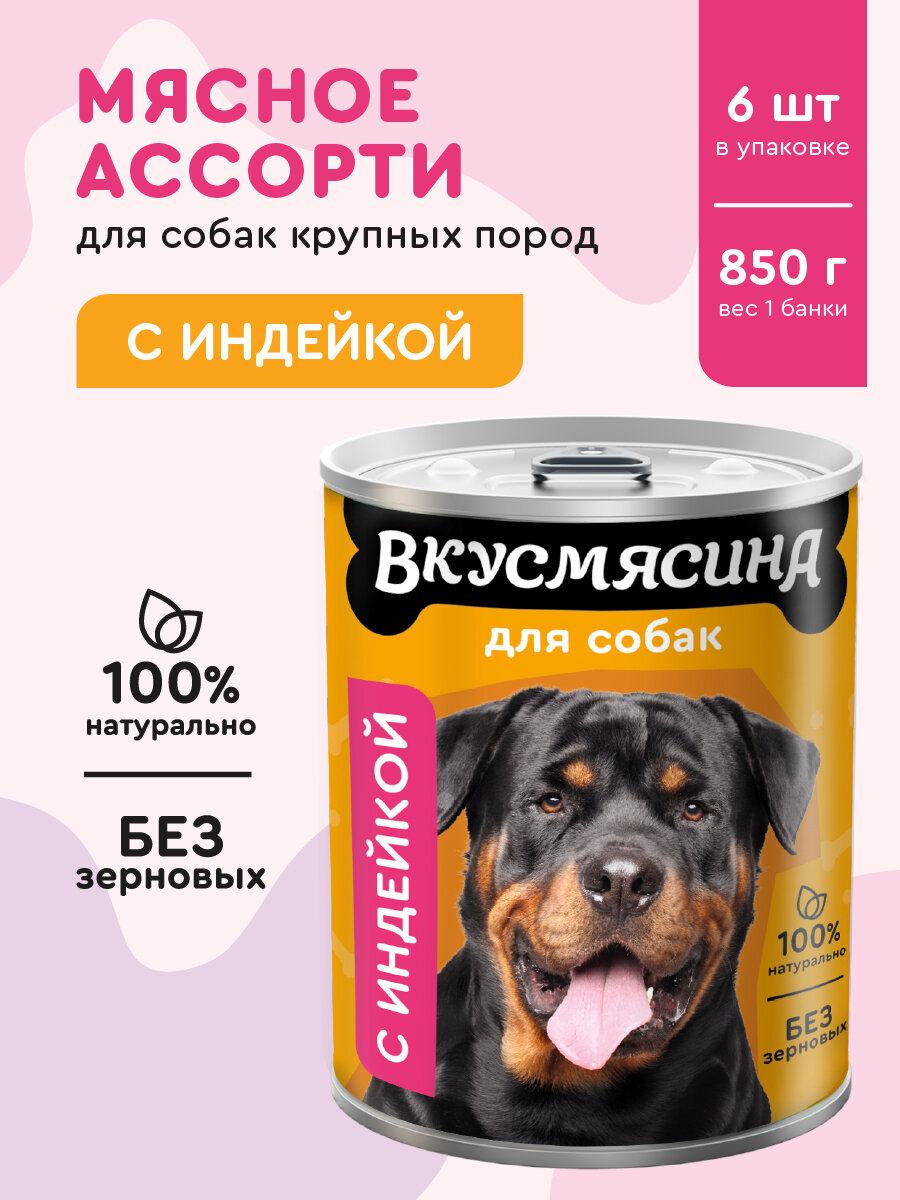 Корм для собак влажный, вкусмясина с индейкой, 850 г х 6 шт.