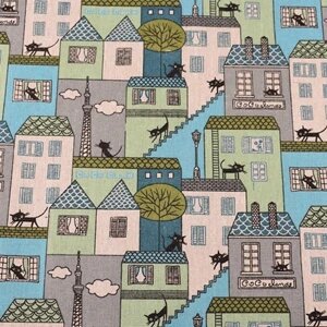 Льняная ткань DwaIngY Cat & house для рукоделия 50x150 см