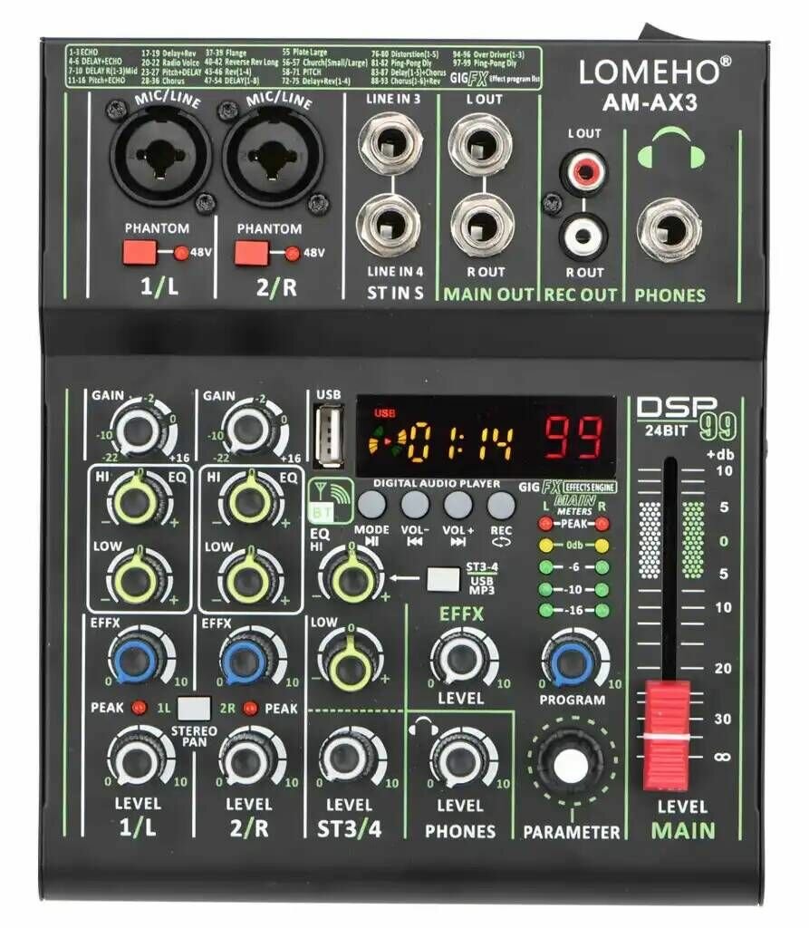Беспроводной EQ звуковой микшер AM-AX3 , 2-моно/2-стерео канальный микшер, DJ-консоль с USB, Bluetooth